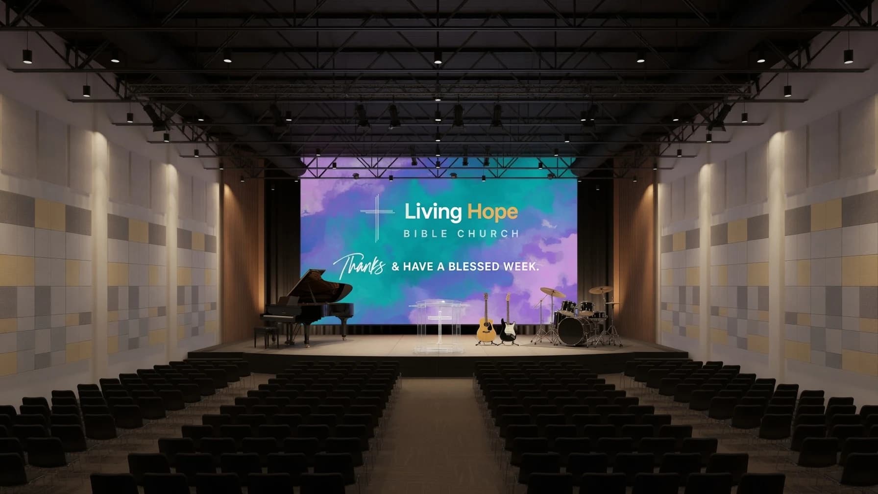 Line-art concept sketch of the future Living Hope Bible Church sanctuary interior, with a cross, stage, and seating.